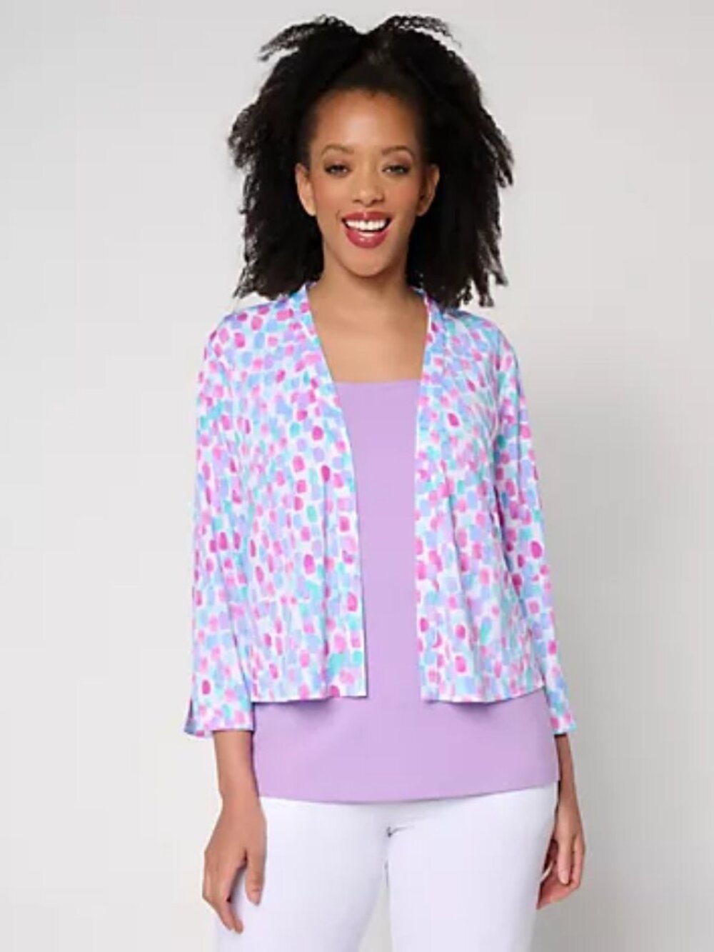 Susan Graver Print or Solid Liquid Knit 3/4 Sleeve Shrug, Abstract Sz S a724954